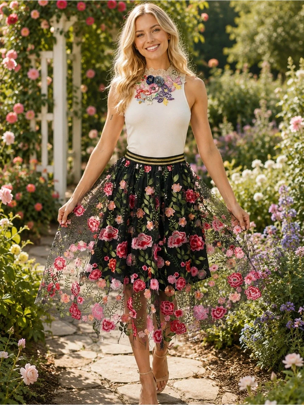 Aratta XL Dark Rose Embroidered Skirt Floral Midi Black Skirt S-2